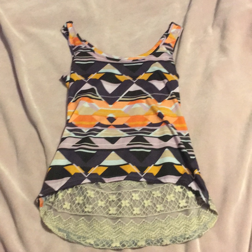 Kirra Multicolor Geometric Lace-Back Tank Top - Navy, Orange, Yellow, Lavender